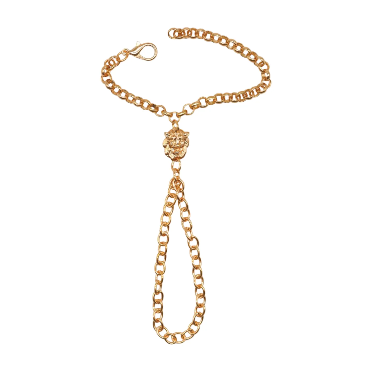 Women Gold Metal Hand Chain Lion Bracelet Ring