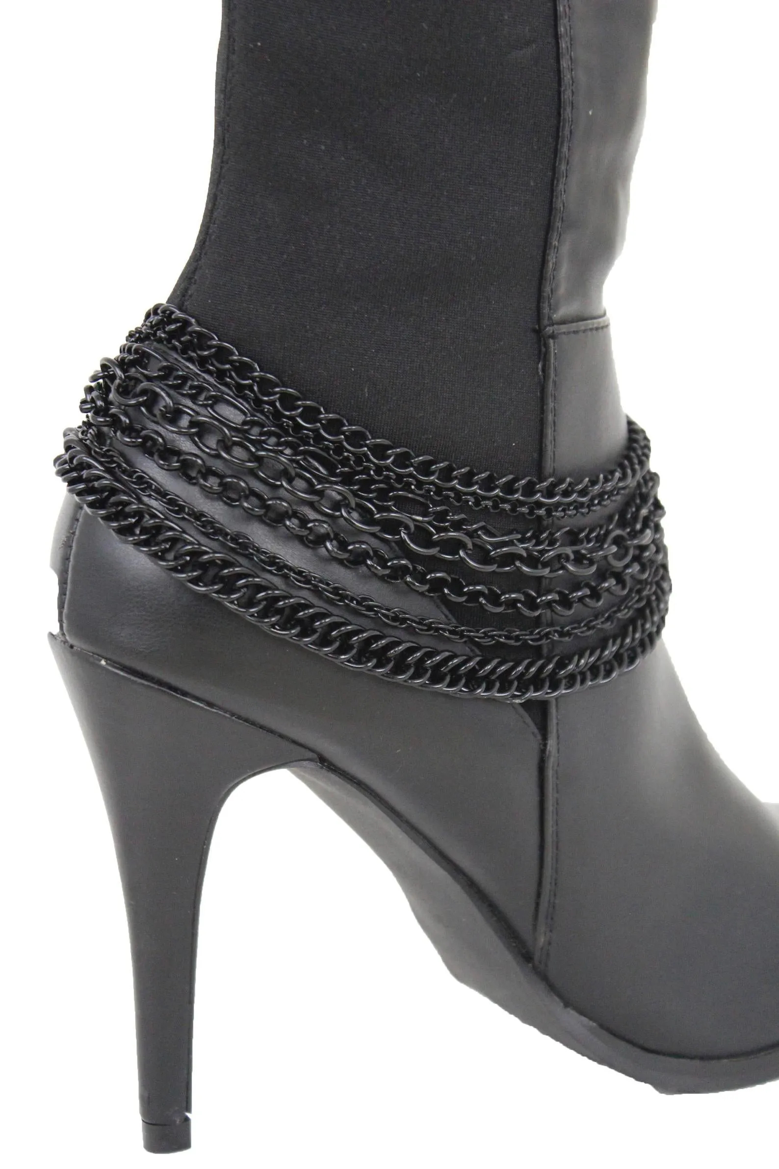 Women Western Boot Black Metal Chain Bling Style Shoe Bracelet Charm Wrap Around