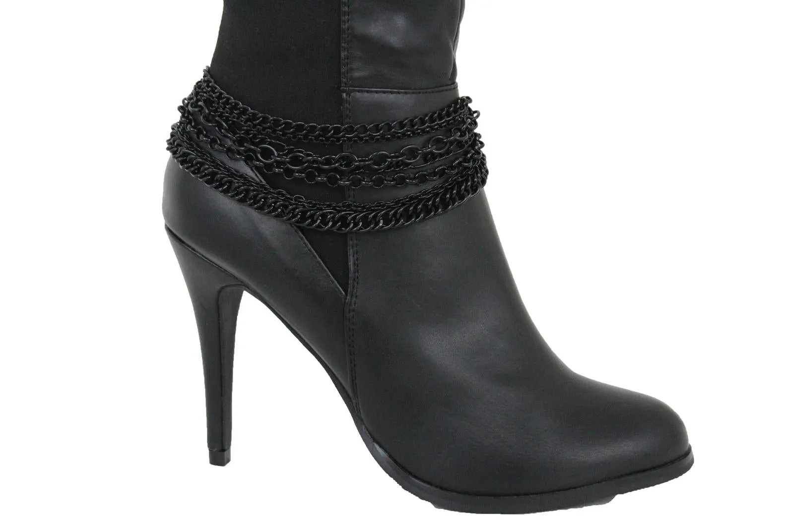 Women Western Boot Black Metal Chain Bling Style Shoe Bracelet Charm Wrap Around