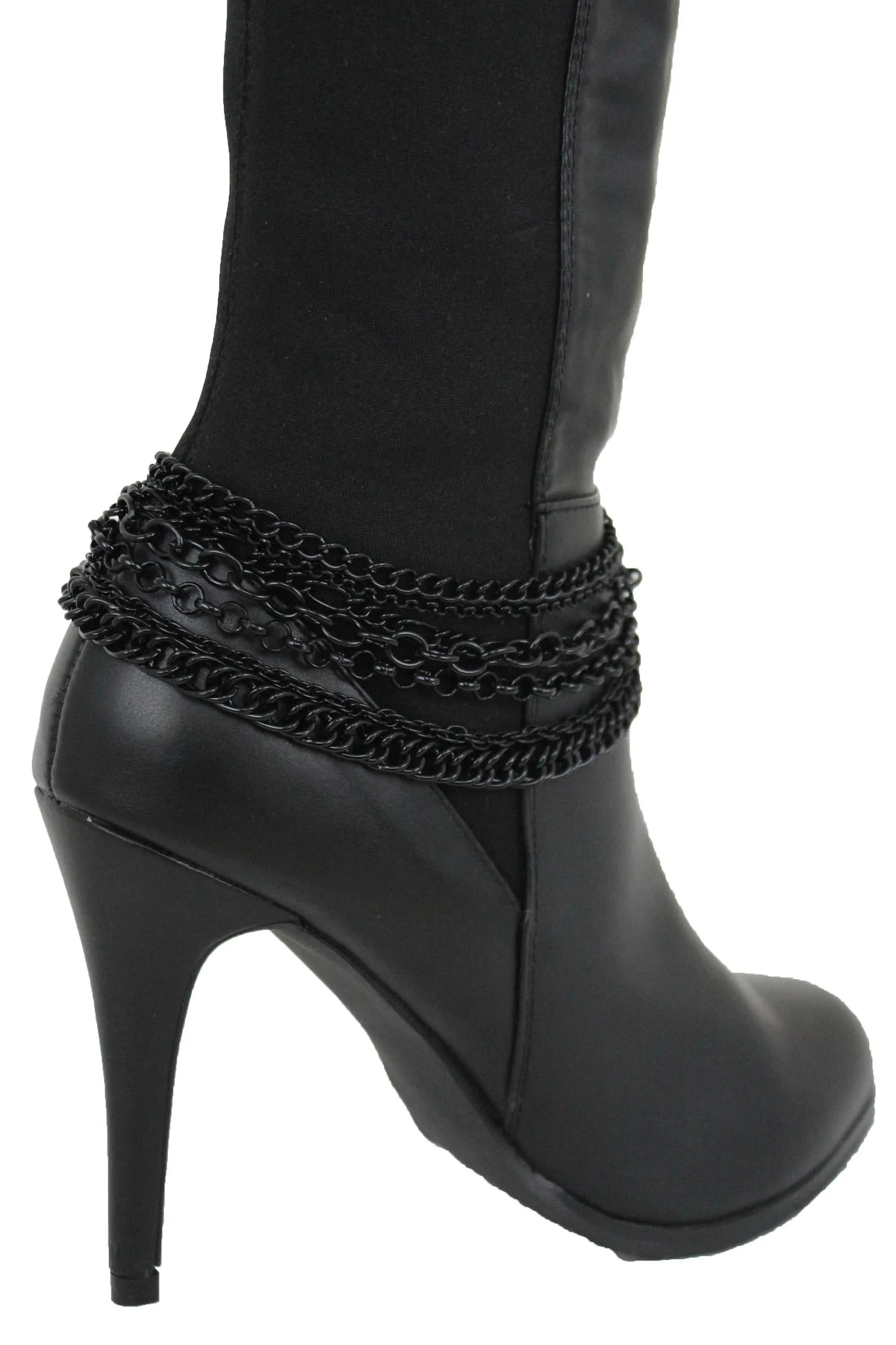 Women Western Boot Black Metal Chain Bling Style Shoe Bracelet Charm Wrap Around